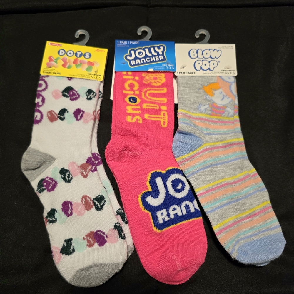 Kids Socks 3 Pair Set Candy Theme Dots Jolly Rancher Blow Pop Fun NWT Size 9-3.5